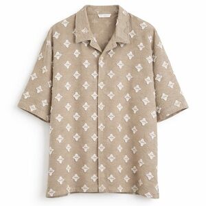 ZARA Textured Camp Collar Shirt XL Beige Embroidered Short Sleeve Button Up